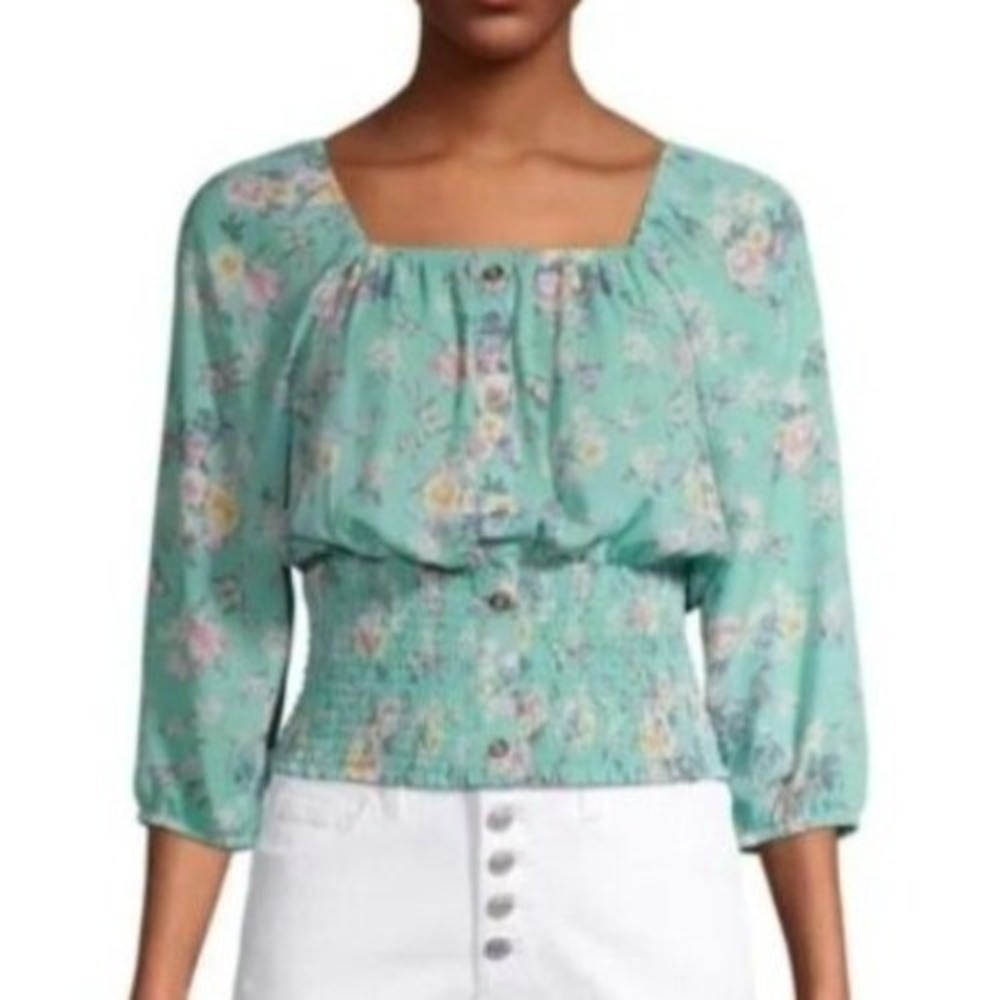 No Boundaries Peasant Top Womens XL Green New Floral On Off Shoulder